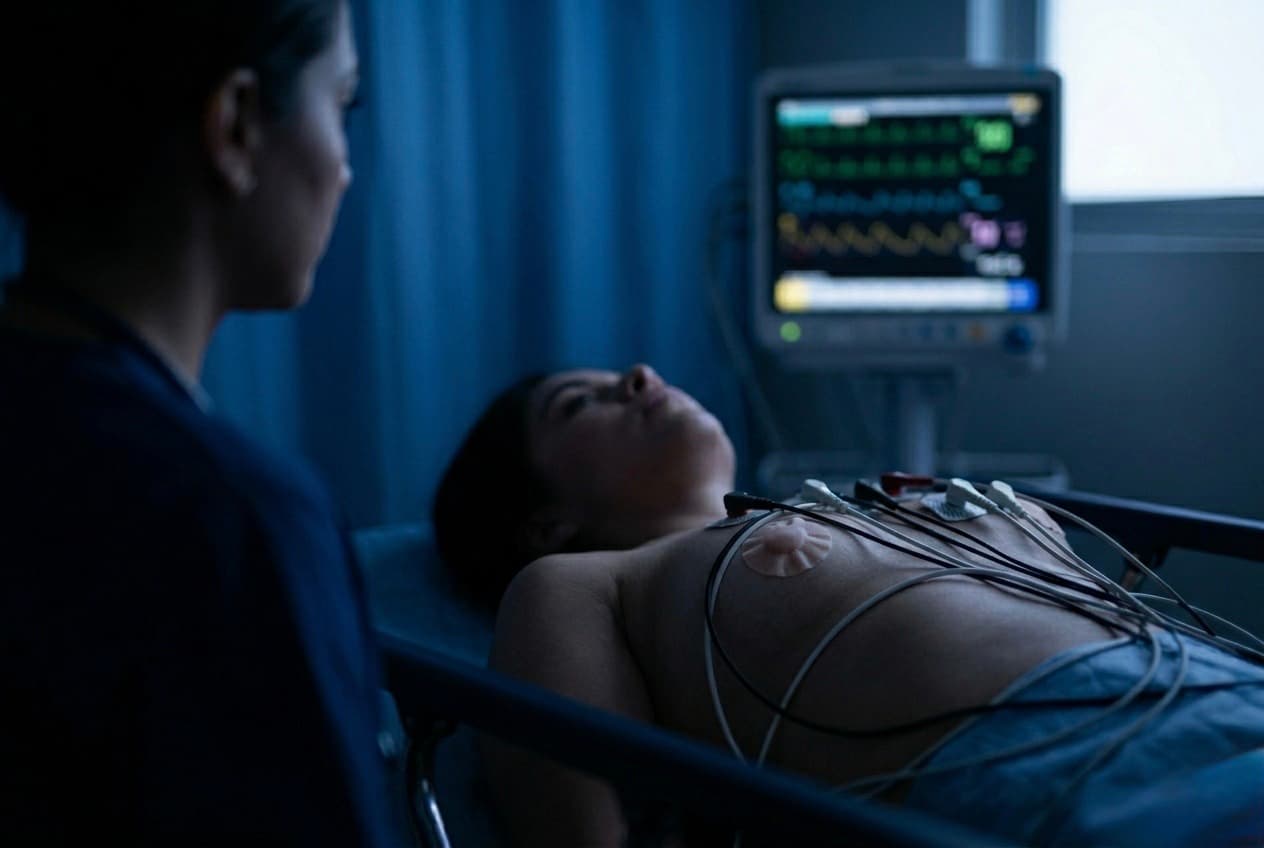Electrodos de ECG colocados en el tórax de una paciente en camilla de urgencias, con un monitor de signos vitales al fondo