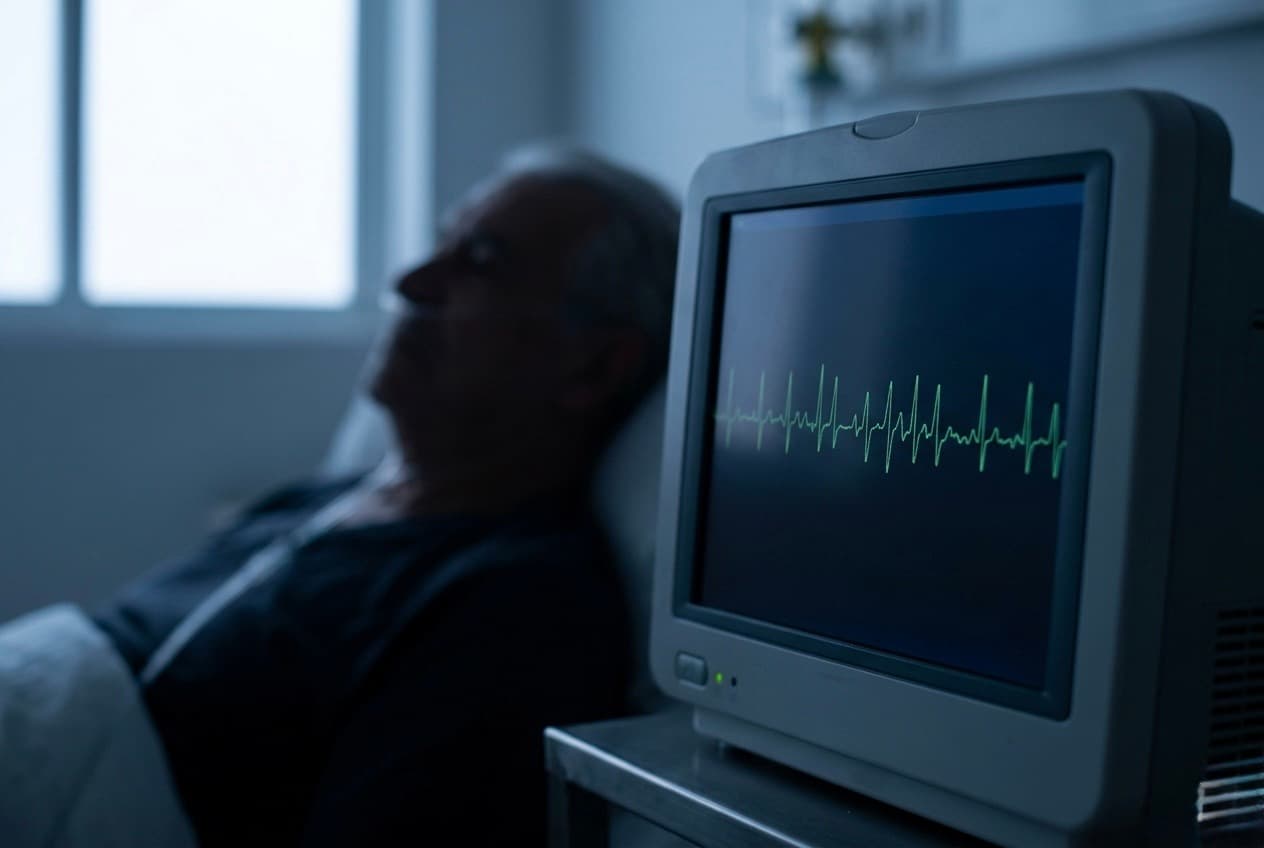 Monitor de cabecera mostrando una fibrilación auricular de respuesta rápida, con un paciente mayor con oxígeno al fondo