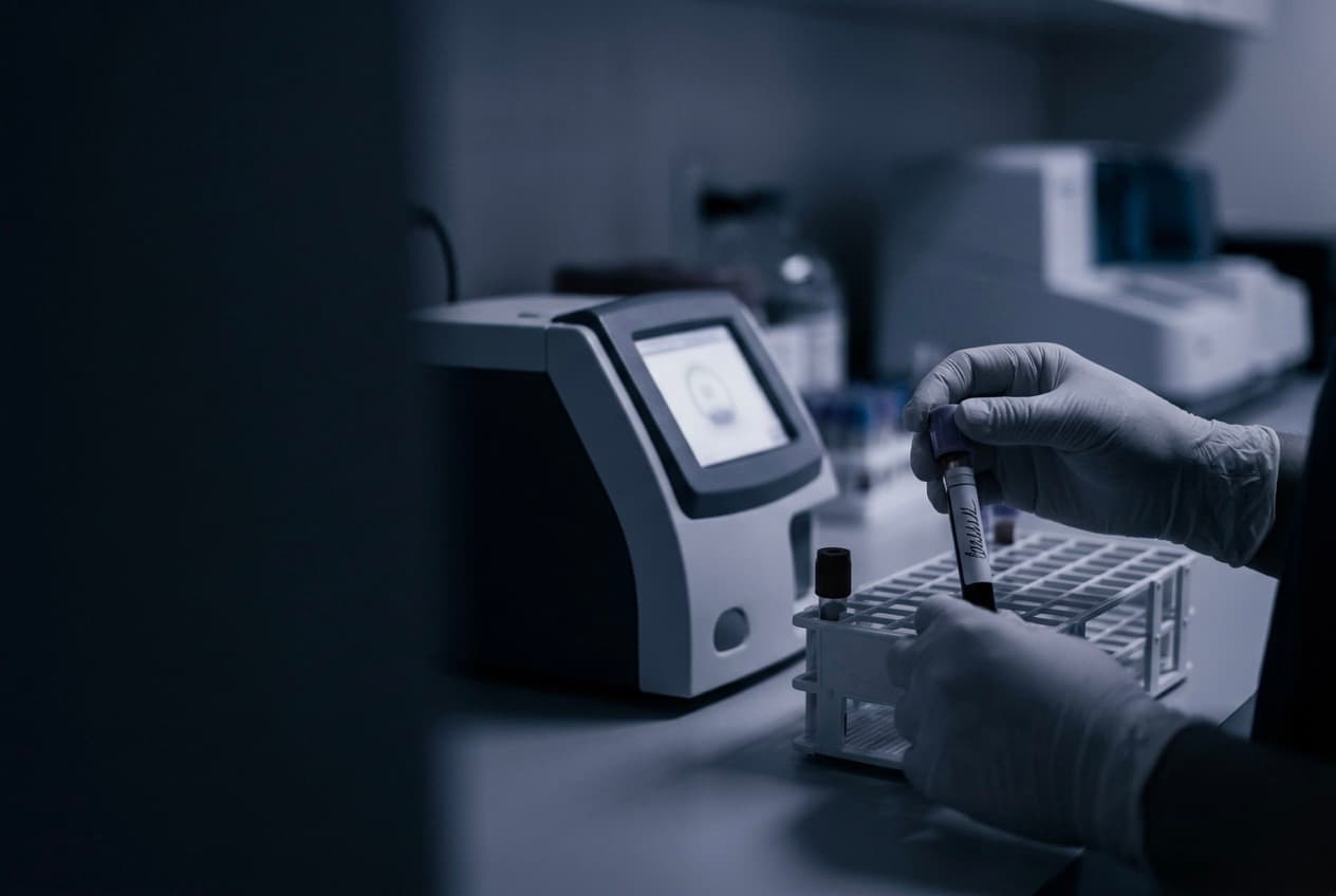 Mano enguantada colocando un tubo de sangre en una gradilla junto a un analizador de marcadores cardiacos en el laboratorio
