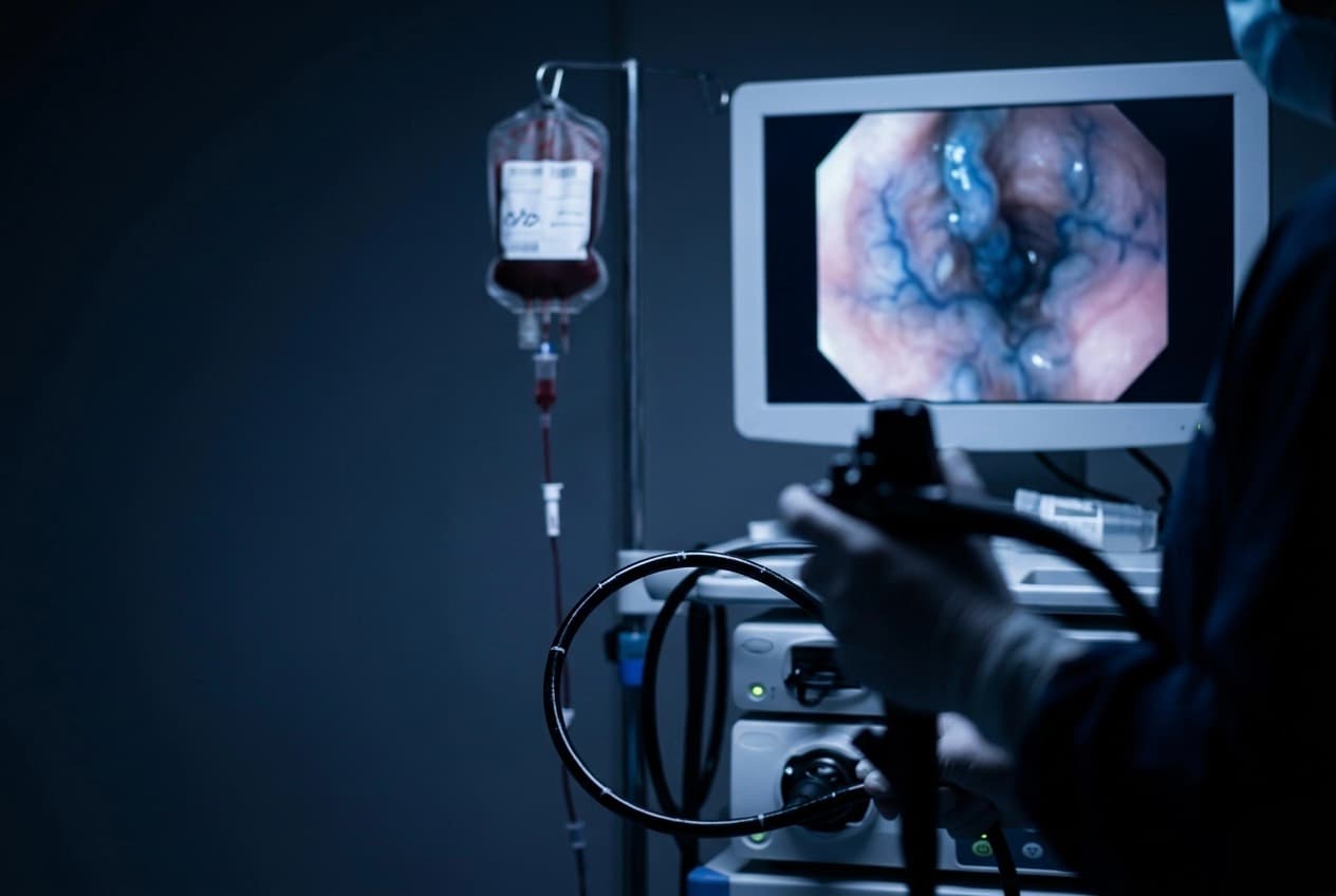 Torre de endoscopia con un monitor mostrando várices esofágicas y una unidad de sangre para transfusión