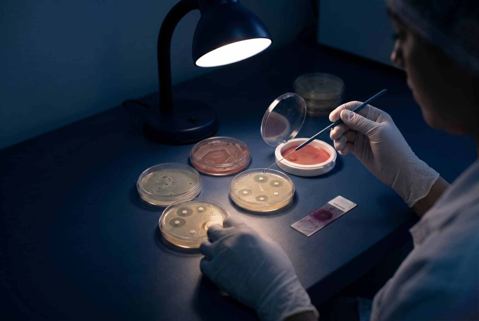 Placas de cultivo con discos de antibiograma sobre una mesa de microbiologia