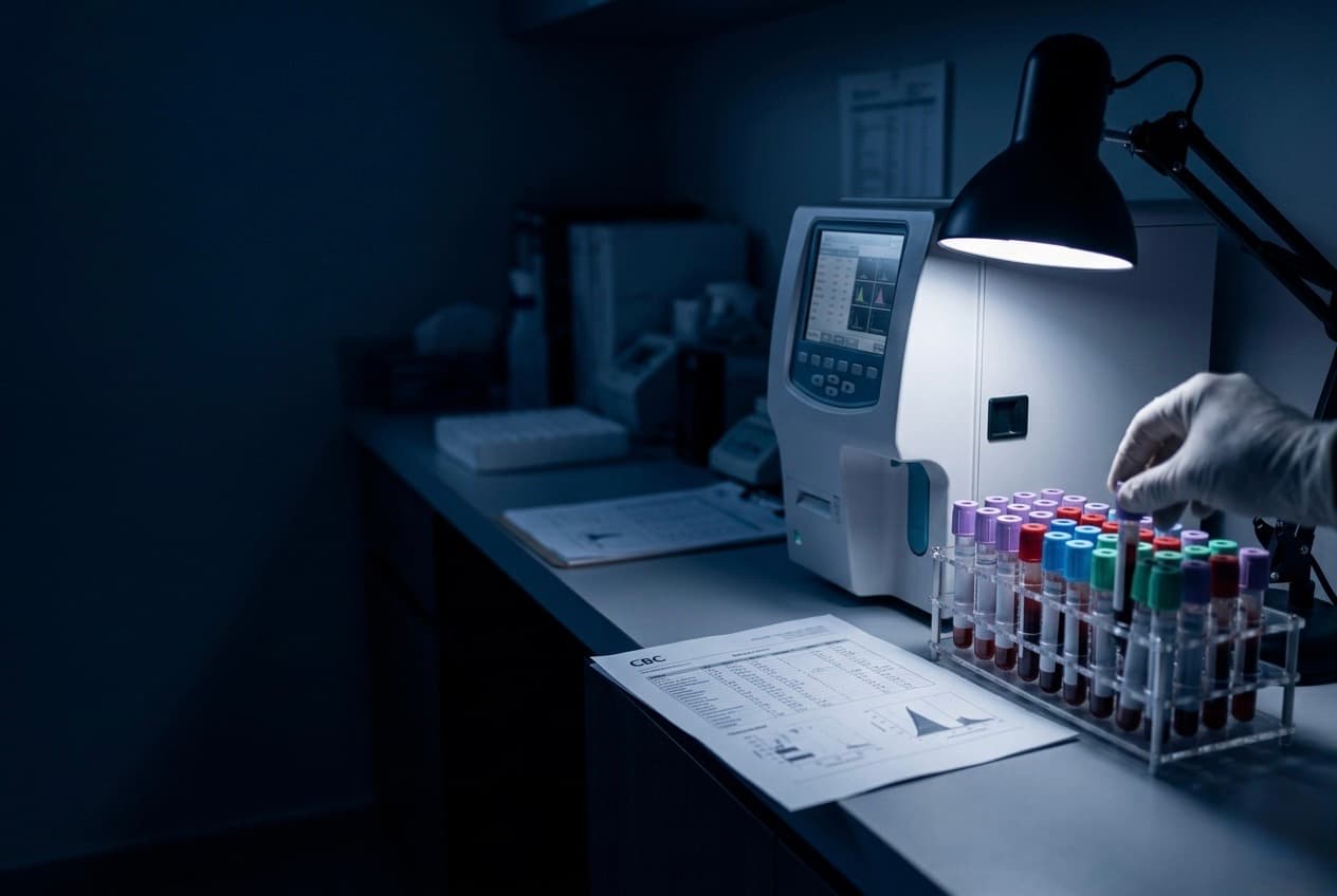 Tubos de laboratorio junto a un reporte de resultados impreso